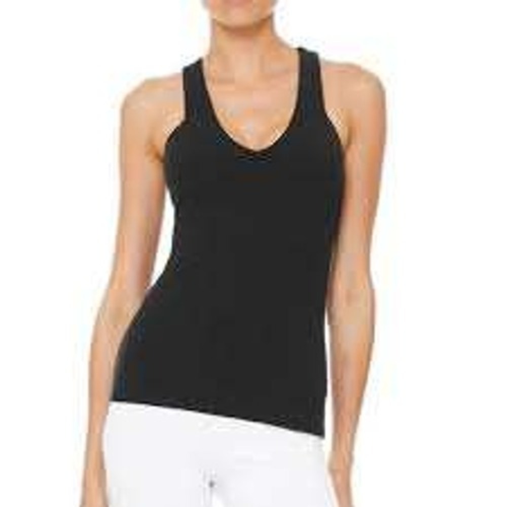 Alo Yoga Ribbed V-Neck Cross Back Tank Top Black Activewear Shelf Bra